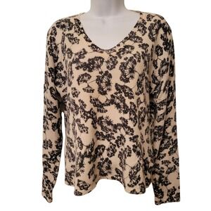 Mainbocher Pure Cashmere V‎ Neck Sweater Cream Black Floral Dandelion M Cozy